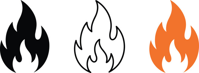 Flame icon set, stylized fire symbols, black and orange design, outline and solid vector, heat and energy graphics, danger and combustion elements