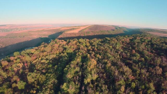 FPV drone aerial shot. Beautiful mountain view of nature landscape on a foggy morning. Moldova, Europe