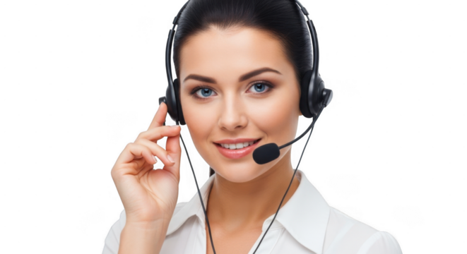 A smiling female customer service representative wearing a headset looks directly at the camera isolated on transparent background