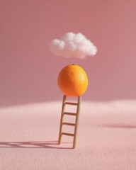 Creative orange on ladder under fluffy cloud