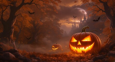 Halloween pumpkins glowing in orange autumn forest with bats, mist, and gothic haunted castle