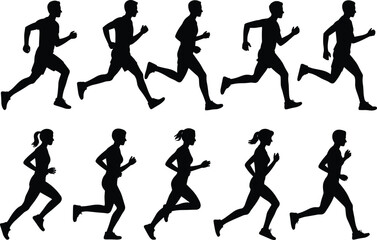 Running silhouette icon set, male and female athlete figures, black design illustration, motion and stride vector, fitness and sports graphics, dynamic posture elements
