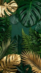 golden and green leaves, nature concept. Creative layout made of tropical leaves.
