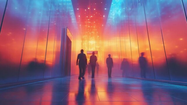 Enigmatic Corridor: Figures traverse a corridor bathed in a mesmerizing interplay of light and shadow. The dynamic scene evokes a sense of mystery, inviting viewers to explore the unknown.