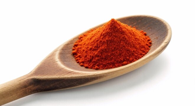 Wooden spoon with red spice powder on white background  