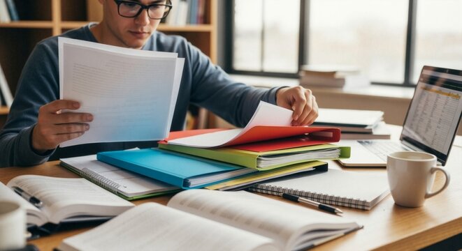 Young man studying and reviewing documents at wooden desk indoor  