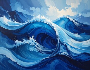 Dramatic ocean waves in shades of blue