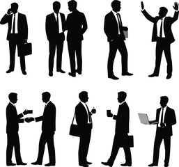 Business activity silhouette icon set, professional interaction figures, black design illustration, workplace behavior vector, corporate communication graphics, team collaboration symbols