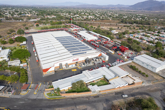 Aerial view of Coca cola company bottling plant, coca cola factory, embotelladora de Colima, FEMSA, Arca continental, bepensa, nayar, brn, corporaci&oacute;n del fuerte, rica, Colima, Mexico, May 02, 2024.