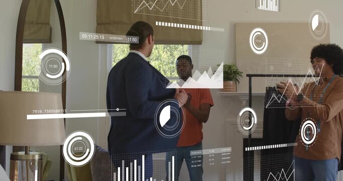 Client entering tailoring shop for perfect fit, tailor adjusting jacket, analytics overlay floating