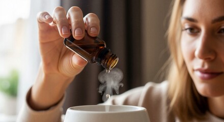 Young woman adding essential oil to diffuser while relaxing at home  