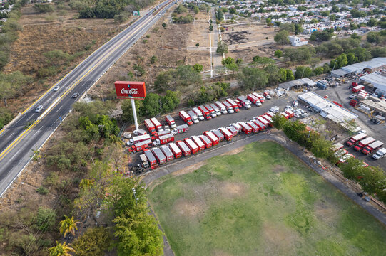 Aerial view of Coca cola company bottling plant, coca cola factory, embotelladora de Colima, FEMSA, Arca continental, bepensa, nayar, brn, corporaci&oacute;n del fuerte, rica, Colima, Mexico, May 02, 2024.