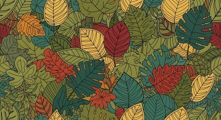 Colorful Leaves Seamless Pattern Design with Hand Drawn Elements