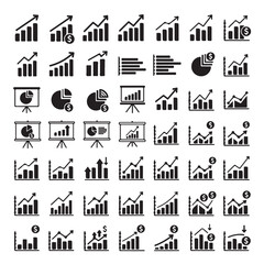 Business charts and graphs icons. Diagram and chart symbols for analytics and statistics. Includes money, growth and decline arrows,