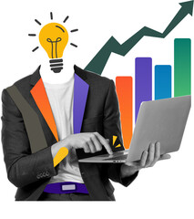 Revenue increases. A businessman shifts the arrow of a growing graph upward. art collage