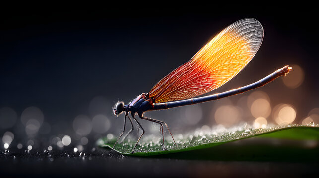 Close up of dragonfly perched leaf with dew drops, illuminated by warm backlight creating glowing effect its wings, showcasing intricate details