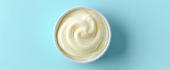 The bowl of creamy yogurt on pastel blue background with soft natural lighting