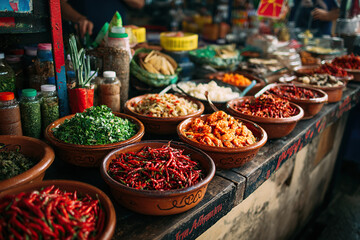 Fototapeta premium A Latin American food market. Hot peppers and other condiments are displayed on a wooden counter.