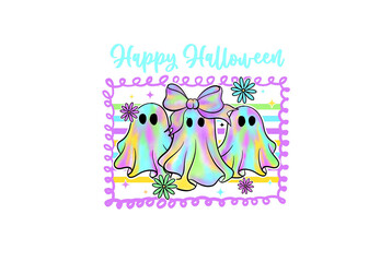 Three cute pastel ghosts with bow and flowers wishing happy Halloween in a colorful frame  illustration Sublimation Design