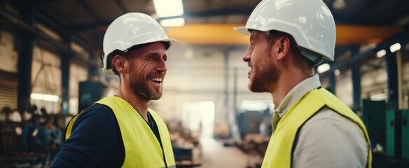 The factory workers smiling and discussing plans in a busy industrial warehouse setting