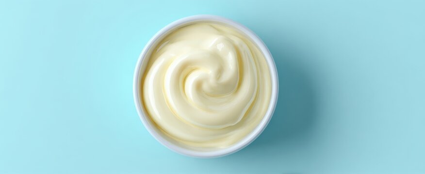 The bowl of creamy yogurt on pastel blue background with soft natural lighting