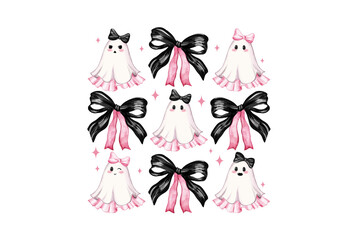 Cute Halloween ghost pattern with pink and black bows Sublimation design