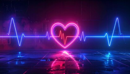 Neon heart and heartbeat graphic on a dark, futuristic floor