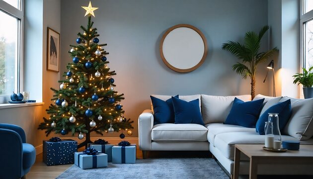 A high-resolution, commercial, professional quality stock photo captures a festive living room with a Christmas tree adorned in navy blue decorations and ornaments, topped with a shining star. Wrapped