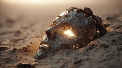 Mystical face emerges from sand, glowing softly in twilight hues at a desolate beach