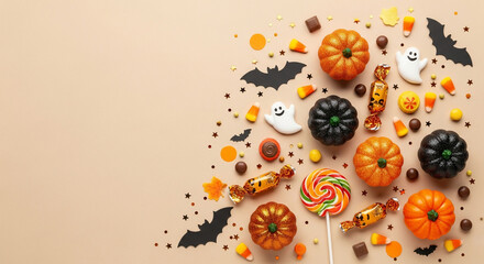 Spooky and sweet Halloween collection featuring pumpkins, candy corn, lollipops, chocolates, and playful ghost and bat decorations for festive celebrations.