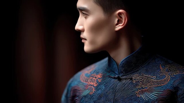Eastern Man in Dragon-Patterned Chinese Clothing Exudes Classical Charm