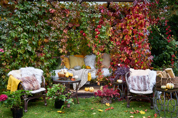 Obraz premium Cozy autumn outdoor decor with pumpkins, colorful leaves, pillows, and blankets. Seasonal hygge atmosphere, rustic garden scene, perfect for fall lifestyle, harvest, Thanksgiving, and home decor conce