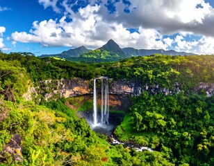 Lush rainforest waterfall cascading down a cliff face