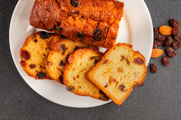 Fruit cake sweet pastry fruitcake dessert dried fruits, nuts traditional baked goods natural product tasty snack fresh delicious gourmet food background on the table rustic top view copy space