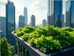 Fototapeta premium A vibrant rooftop garden with lush green plants overlooking a modern city skyline.