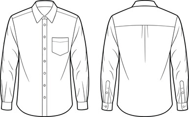 Men’s long sleeve button up shirt, front and back technical fashion illustration, apparel design template, garment construction sketch, clothing vector drawing
