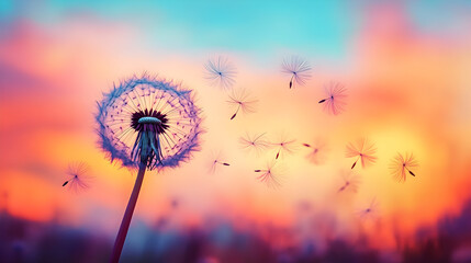 Fototapeta premium Dreamy botanical scene with silhouetted dandelion at sunset