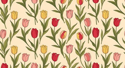 Elegant botanical pattern with tulips in a variety of springtime colors