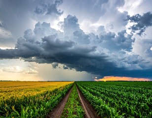Dramatic sky over a field of wheat and corn