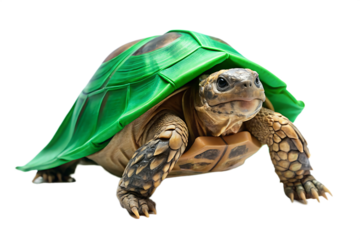 Tortoise Wearing a Green Leaf- Shaped Shell on a Transparent Background turtle cutout PNG isolated on a transparent background