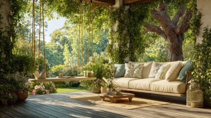 a big terrace with a comfortable leisure sofa with cushions a table and a string swing in a green garden during sunny vacation no logos no brands ar 169