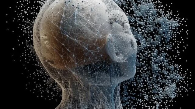 A head with a face made of wires. The head is in a black background. The head is not a real person, but a computer-generated image