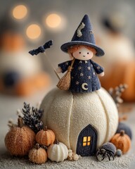 Whimsical Halloween scene featuring a witch, pumpkin, bat, and spider in a product-themed setting