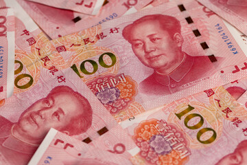 Chinese money with a face value of 100 yuan close up, a beautiful background of money used in China, obverse with portrait