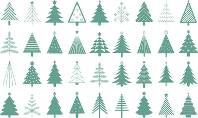 Christmas tree icon illustration, thirty-five stylized festive trees in geometric abstract minimalist green layout, holiday vector clipart artwork collection