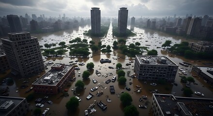 Devastating urban flooding showing submerged city architecture after rain