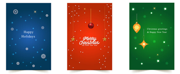 Three vertical banners in blue, red, and green, featuring snowflakes, festive lights, and holiday greetings for Christmas and New Year. © nahidsultana