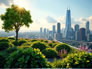Fototapeta premium A green park with a tree overlooks a city skyline with skyscrapers at sunrise, highlighting urban nature.