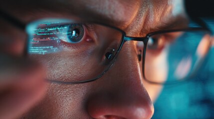 focused developer coder wears glasses working on computer looking at programming code data cyber security digital tech reflecting in spectacles developing software program focus on eye close up view