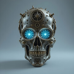 A steampunk skull clock with intricate gears spinning inside.